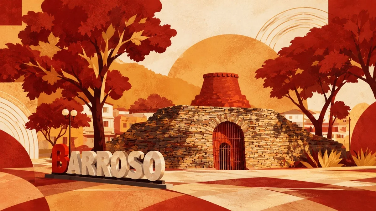 Ilustração da Praça do Forninho com o letreiro Barroso e o antigo forno de pedra e tijolo